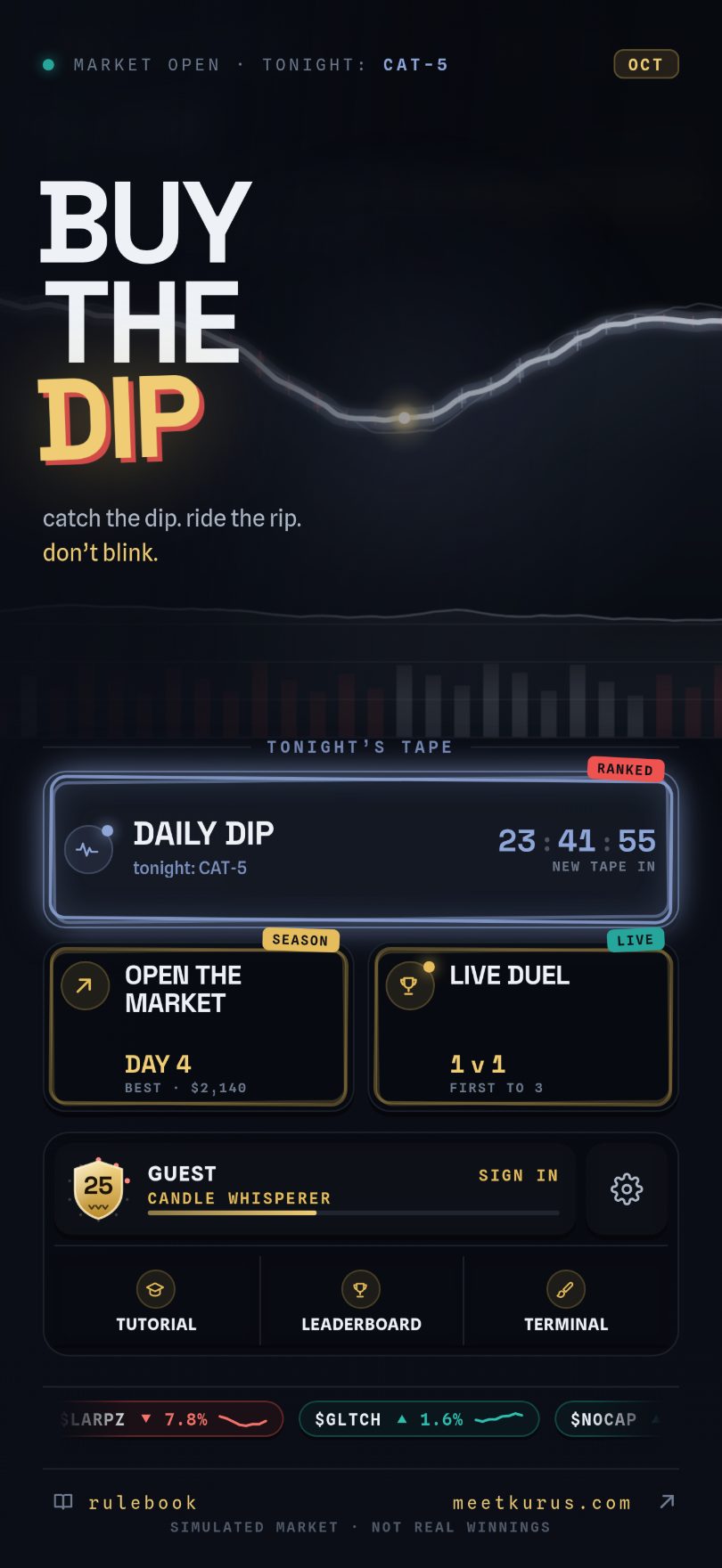 The Buy the Dip title screen: tonight's tape, the Daily Dip, story mode and a live duel